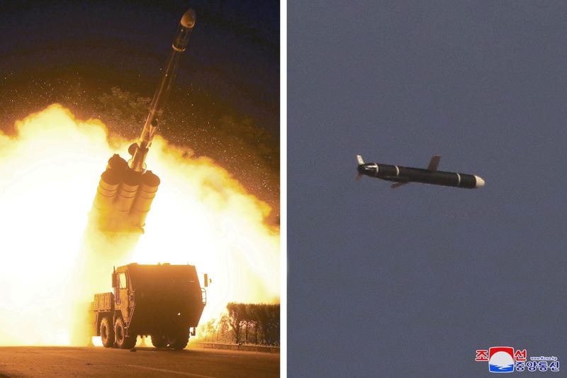 &copy; Reuters. L'Accademia delle Scienze di difesa nazionale conduce test con missili da crociera a lungo raggio in Nord Corea,  combinazione di foto fornita senza informazioni dalla Korean Central News Agency (Kcna) nordcoreana, il 13 settembre 2021. Kcna via Reuters 
