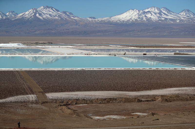 &copy; Reuters. FILE PHOTO: Brine pools from a lithium mine, that belongs U.S.-based Albemarle Corp, is seen on the Atacama salt flat in the Atacama desert, Chile, August 16, 2018. REUTERS/Ivan AlvaradO/File Photo