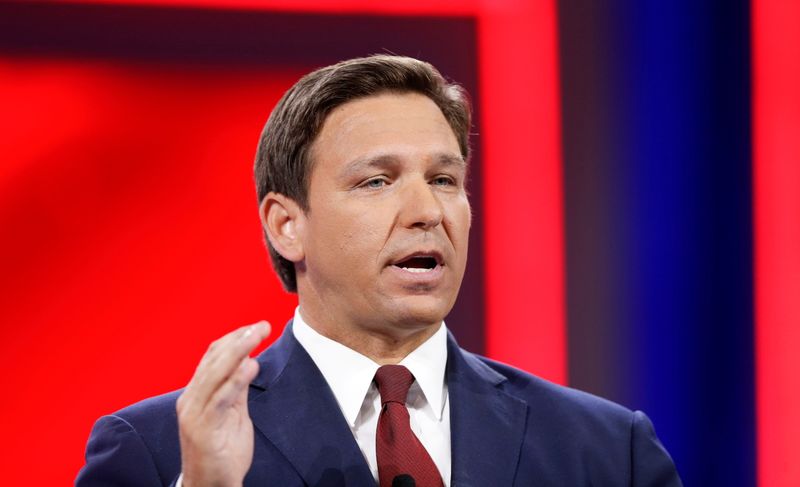 &copy; Reuters. FILE PHOTO: Florida Gov. Ron DeSantis speaks during the welcome segment of the Conservative Political Action Conference (CPAC) in Orlando, Florida, U.S. February 26, 2021. REUTERS/Joe Skipper/File Photo