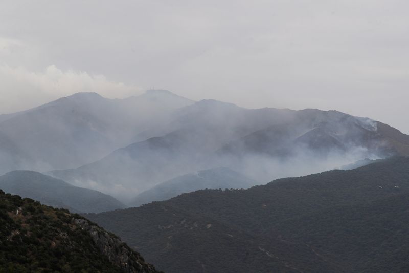 © Reuters. حريق غابات في منطقة سيرا بيرميخا الجبلية في صورة التقطت يوم الاثنين. تصوير: جون نازكا - رويترز.