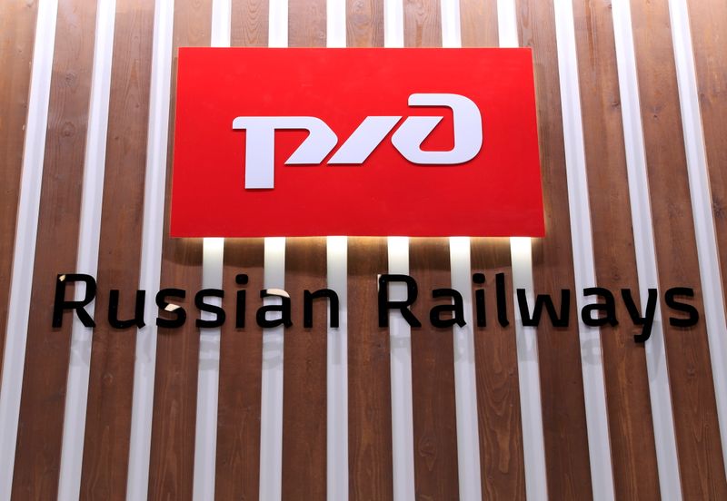 &copy; Reuters. The logo of Russian Railways is seen at the St. Petersburg International Economic Forum (SPIEF) in Saint Petersburg, Russia, June 3, 2021. REUTERS/Evgenia Novozhenina