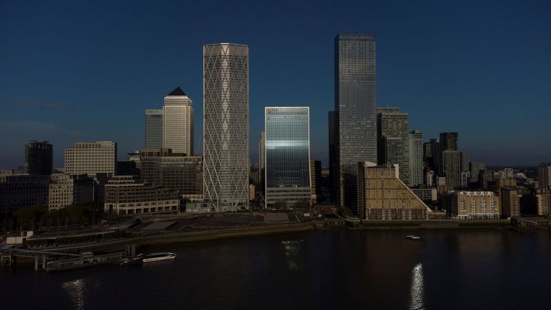 &copy; Reuters. A general view of the Canary Wharf financial district in London, Britain April 25, 2021.  Picture taken April 25 with a drone.    REUTERS/Kevin Coombs
