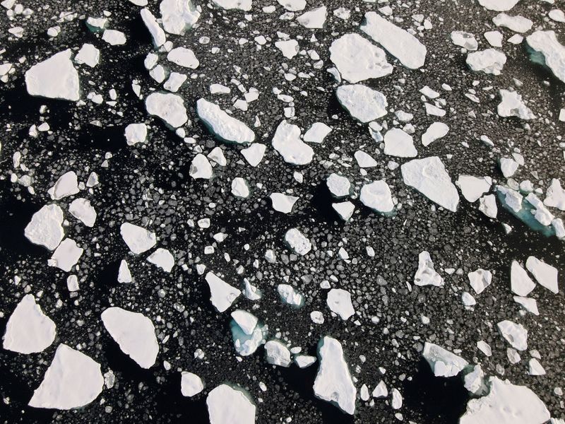 &copy; Reuters. FILE PHOTO: An aerial view of floating ice taken by a drone launched from Greenpeace's Arctic Sunrise ship in the Arctic Ocean, September 15, 2020. REUTERS/Natalie Thomas/File Photo
