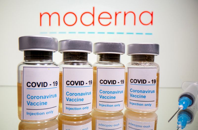 &copy; Reuters. FILE PHOTO: Vials with a sticker reading, "COVID-19 / Coronavirus vaccine / Injection only" and a medical syringe are seen in front of a displayed Moderna logo in this illustration taken October 31, 2020. REUTERS/Dado Ruvic