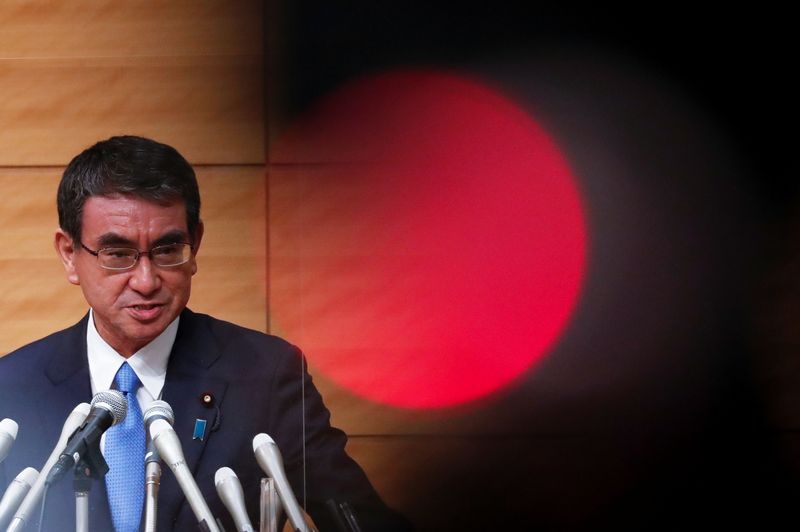 &copy; Reuters. FILE PHOTO: Taro Kono, Japan's vaccination programme chief and ruling Liberal Democratic Party (LDP) lawmaker, attends a news conference as he announces his candidacy for the party's presidential election in Tokyo, Japan, September 10, 2021. REUTERS/Issei