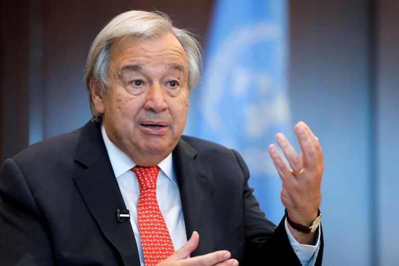 &copy; Reuters. الأمين العام للأمم المتحدة أنطونيو جوتيريش يتحدث أثناء مقابلة مع رويترز في مقر الأمم المتحدة في مانهاتن بمدينة نيويورك يوم الأربعاء. تصوير: