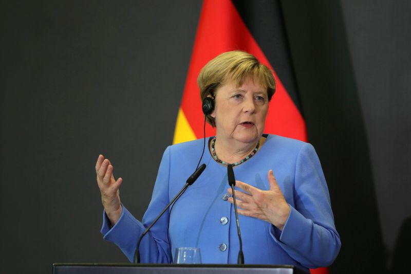 &copy; Reuters. FILE PHOTO: German Chancellor Angela Merkel gestures during a news conference with Albanian Prime Minister Edi Rama at Tirana Business Park, in Tirana, Albania, September 14, 2021. REUTERS/Florion Goga/File Photo