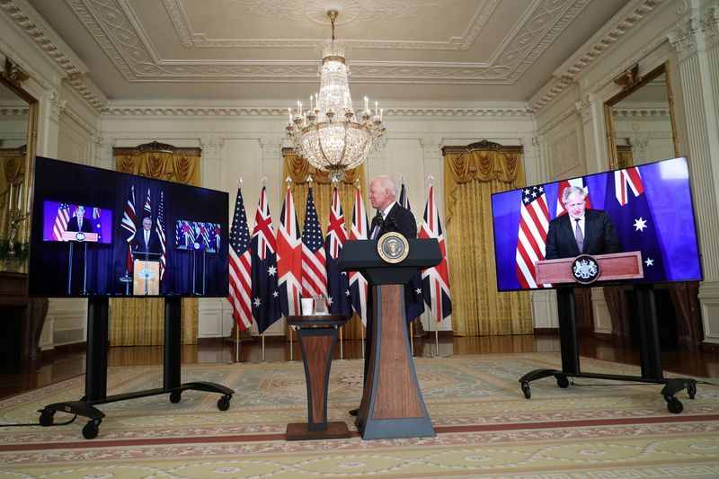 &copy; Reuters. Presidente dos EUA, Joe Biden, durante reunião virtual com os primeiros-ministros do Reino Unido, Boris Johnson, e da Austrália, Scott Morrison
15/09/2021 REUTERS/Tom Brenner