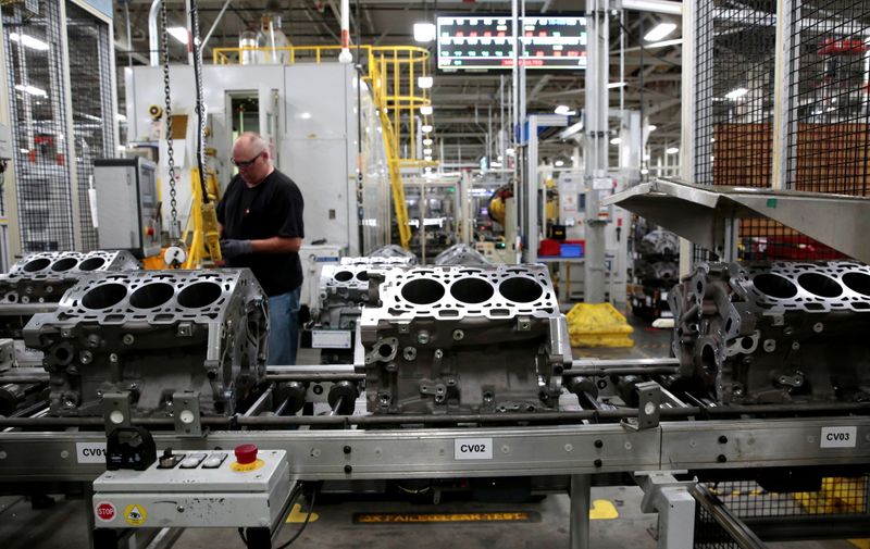 &copy; Reuters. FILE PHOTO: Engine casting blocks, used in a variety of General Motors cars, trucks and crossovers, move down the assembly line at the GM Romulus Powertrain plant in Romulus, Michigan, U.S. August 21, 2019.  Rebecca Cook