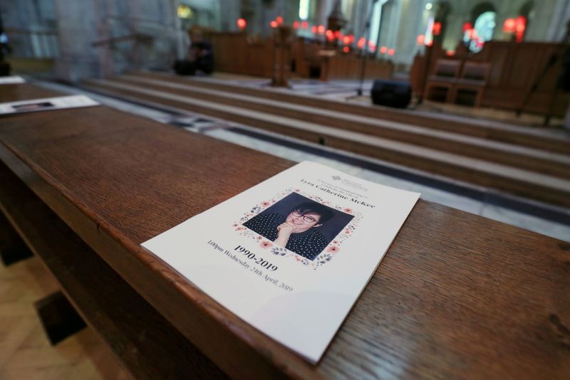 &copy; Reuters. FILE PHOTO: The service sheet for the funeral of murdered journalist Lyra McKee lies on a pew at St Anne's Cathedral in Belfast, Northern Ireland April 24, 2019. Brian Lawless/Pool via REUTERS/File Photo