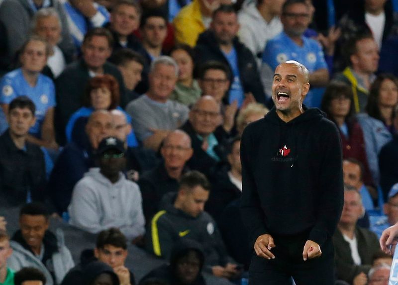 &copy; Reuters. Pep Guardiola durante partida do Manchester City contra o RB Leipizig pela Liga dos Campeões
15/09/2021 Action Images via Reuters/Craig Brough