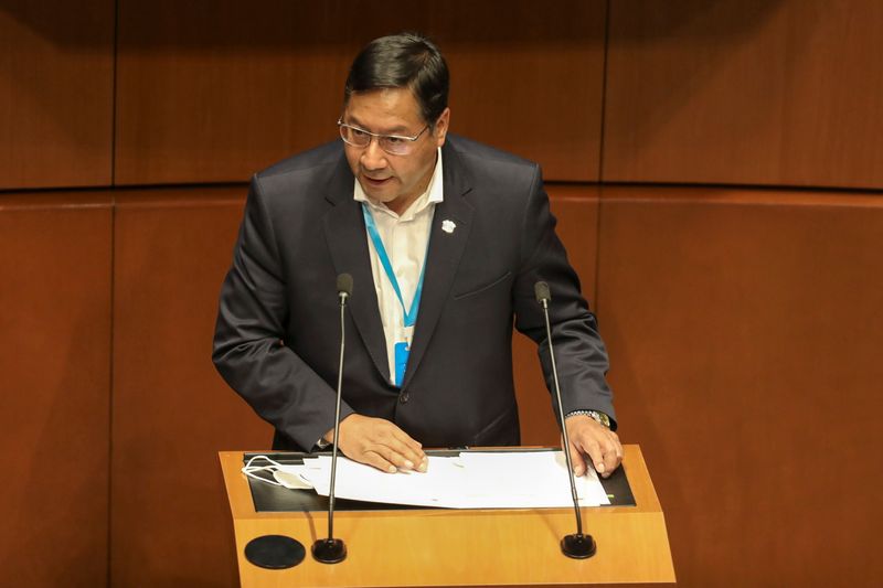 &copy; Reuters. FILE PHOTO: Bolivian President Luis Arce gives a speech during his visit to Mexico's Senate building in Mexico City Mexico March 24, 2021. REUTERS/Edgard Garrido