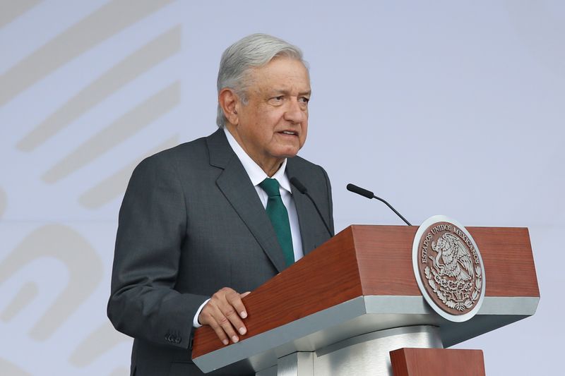 &copy; Reuters. Mexico's President Andres Manuel Lopez Obrador speaks before the traditional military parade to mark the bicentennial of Mexico's Independence from Spain, and ahead of the summit of the Community of Latin American and Caribbean States (CELAC), at the Zoca