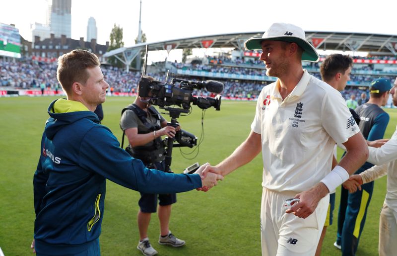 &copy; Reuters. FILE PHOTO: Cricket - Ashes 2019 - Fifth Test - England v Australia - Kia Oval, London, Britain - September 15, 2019  Australia's Steve Smith and England's Stuart Broad shake hands after the match  Action Images via Reuters/Paul Childs/File Photo