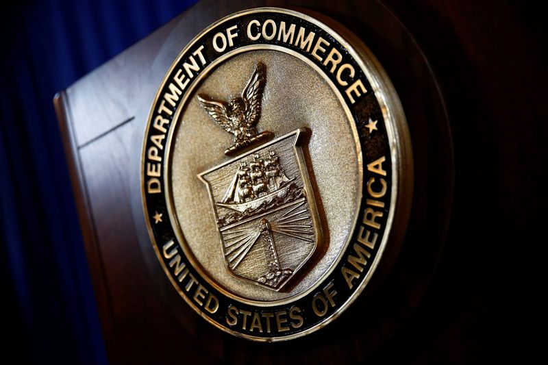 &copy; Reuters. FILE PHOTO: The seal of the Department of Commerce is seen, before Commerce Secretary Wilbur Ross holds a news conference to make an announcement, after a background conference call with Commerce, Justice Department and Treasury Department officials at th