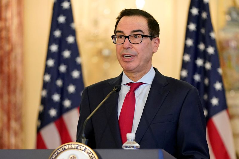 &copy; Reuters. FILE PHOTO: U.S. Treasury Secretary Steve Mnuchin speaks during a news conference to announce the Trump administration's restoration of sanctions on Iran, at the U.S. State Department in Washington, U.S., September 21, 2020. Patrick Semansky/Pool via REUT