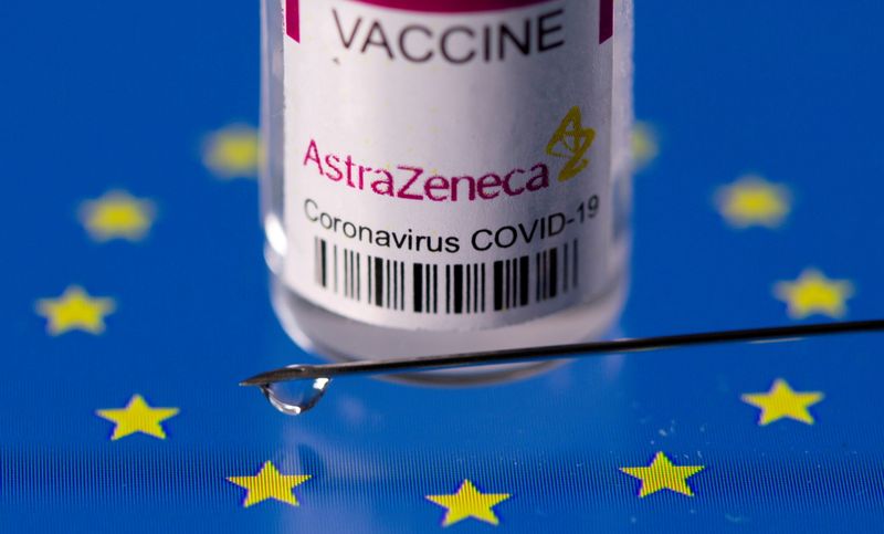 &copy; Reuters. FOTO DE ARCHIVO: Vial con la etiqueta "Vacuna AstraZeneca coronavirus COVID-19" en inglés y la punta de una jeringa médica sobre una bandera de la Unión Europea en esta imagen de ilustración tomada el 24 de marzo de 2021. REUTERS/Dado Ruvic