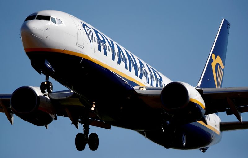 &copy; Reuters. FILE PHOTO: A Ryanair Boeing 737-800 aircraft approaches Paris-Beauvais airport in Tille, northern France, September 27, 2018.  REUTERS/Christian Hartmann