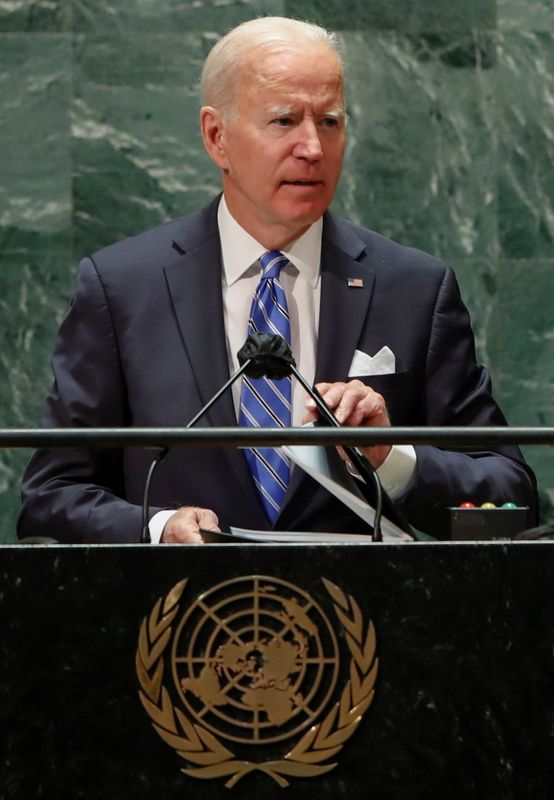 &copy; Reuters. الرئيس الأمريكي جو بايدن يتحدث أمام الجمعية العامة للأمم المتحدة يوم الثلاثاء. تصوير: ادواردو مونوز - رويترز.