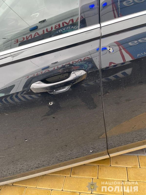 &copy; Reuters. A view shows bullet holes in a car of Serhiy Shefir, Ukrainian President Volodymyr Zelenskiy's principal aide, following an assault outside the capital Kyiv, Ukraine September 22, 2021. National Police of Ukraine/Handout via REUTERS  