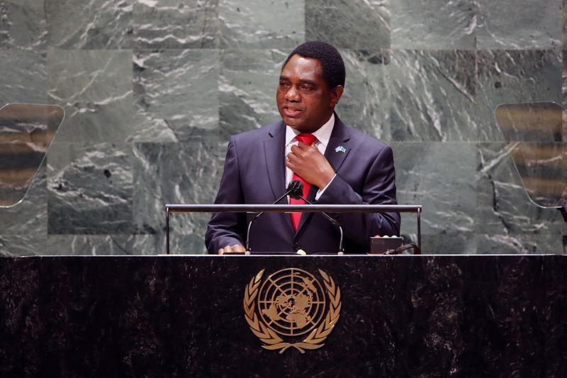 &copy; Reuters. FILE PHOTO: Zambia's President Hakainde Hichilema addresses the 76th Session of the United Nations General Assembly at U.N. headquarters in New York, U.S. on September 21, 2021.  Spencer Platt/Pool via REUTERS