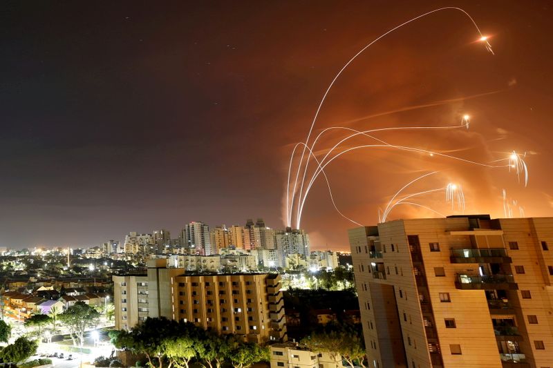 &copy; Reuters. FILE PHOTO: Streaks of light are seen as Israel's Iron Dome anti-missile system intercepts rockets launched from the Gaza Strip towards Israel, as seen from Ashkelon, Israel, May 12. REUTERS/Amir Cohen