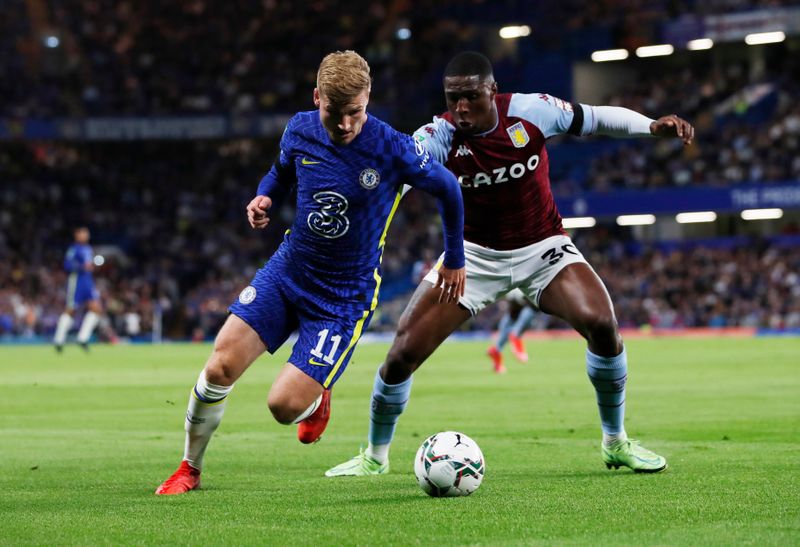 &copy; Reuters. Soccer Football - Carabao Cup - Third Round - Chelsea v Aston Villa - Stamford Bridge, London, Britain - September 22, 2021  Chelsea's Timo Werner in action with Aston Villa's Kortney Hause Action Images via Reuters/Paul Childs