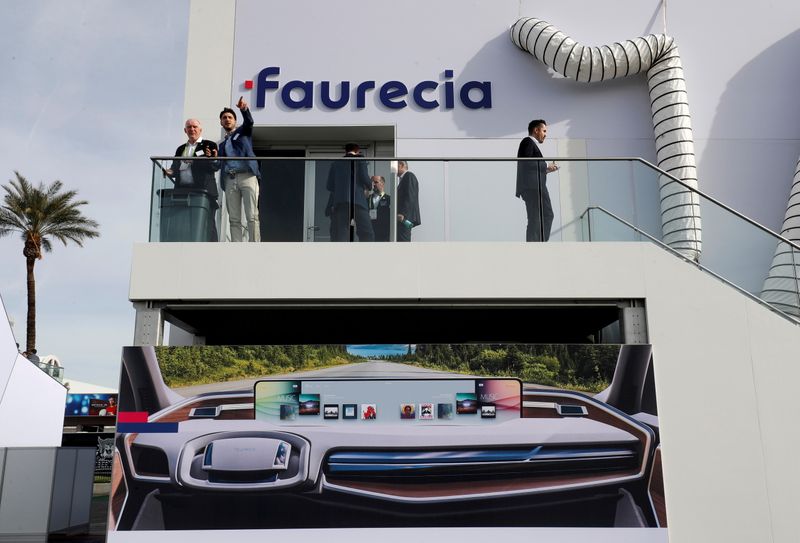 &copy; Reuters. FILE PHOTO: An illustration shows a car dashboard with a giant screen on the side of the Faurecia booth during the 2019 CES in Las Vegas, Nevada, U.S. January 8, 2019. REUTERS/Steve Marcus/File Photo
