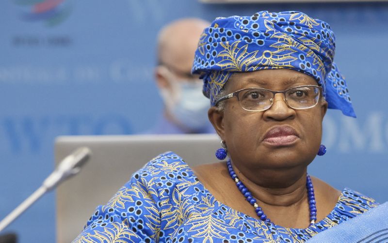 &copy; Reuters. FILE PHOTO: World Trade Organisation (WTO) Director-General Ngozi Okonjo-Iweala arrives for a WTO ministerial meeting to discuss a draft agreement on curbing subisidies for the fisheries industry at the WTO headquarters in Geneva, Switzerland, July 15, 20