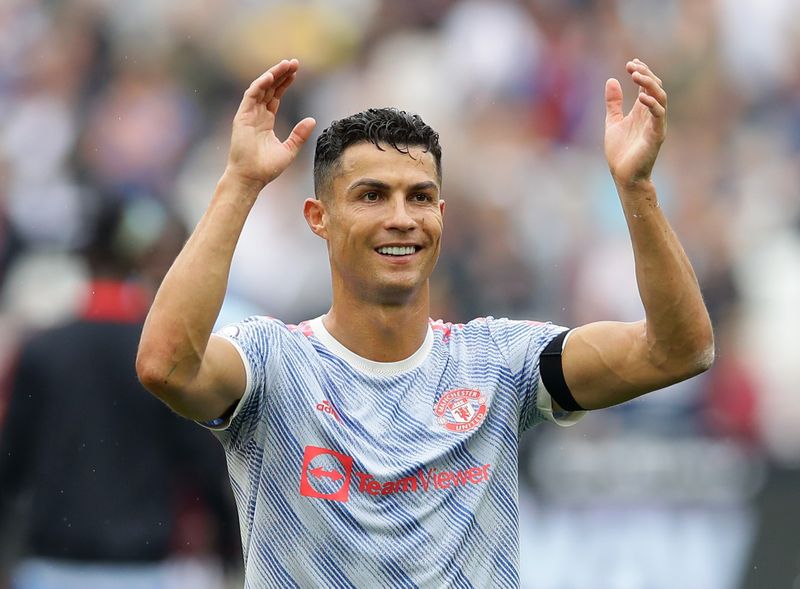 &copy; Reuters. Cristiano Ronaldo comemora após partida entre Manchester Unided e West Ham pelo Campeonato Inglês
19/09/2021 REUTERS/David Klein