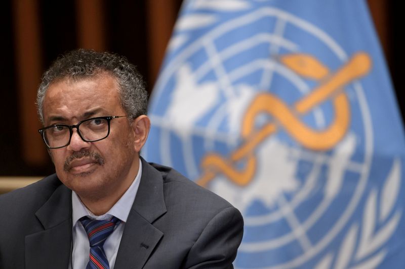 &copy; Reuters. FILE PHOTO: World Health Organization (WHO) Director-General Tedros Adhanom Ghebreyesus attends a news conference organized by Geneva Association of United Nations Correspondents (ACANU) amid the COVID-19 outbreak, caused by the novel coronavirus, at the 