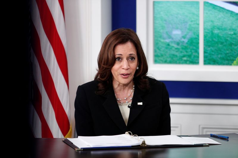 © Reuters. FILE PHOTO: U.S. Vice President Kamala Harris leads a session of the President's online COVID Summit inside the Eisenhower Executive Office Building at the White House in Washington, U.S., September 22, 2021.  REUTERS/Tom Brenner