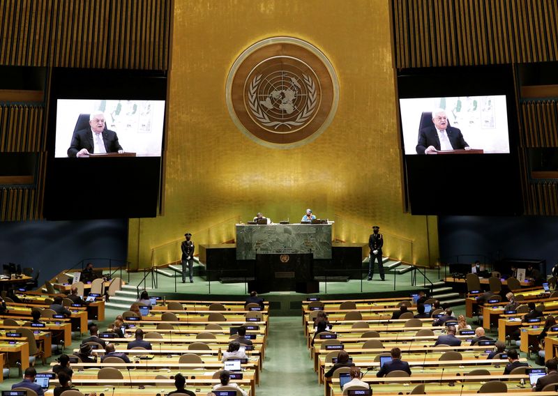 &copy; Reuters. Mahmoud Abbas, President, State of Palestine delivers a speech remotely at the UN General Assembly 76th session General Debate in UN General Assembly Hall at the United Nations Headquarters on Friday, September 24, 2021 in New York City.    Photo by John 