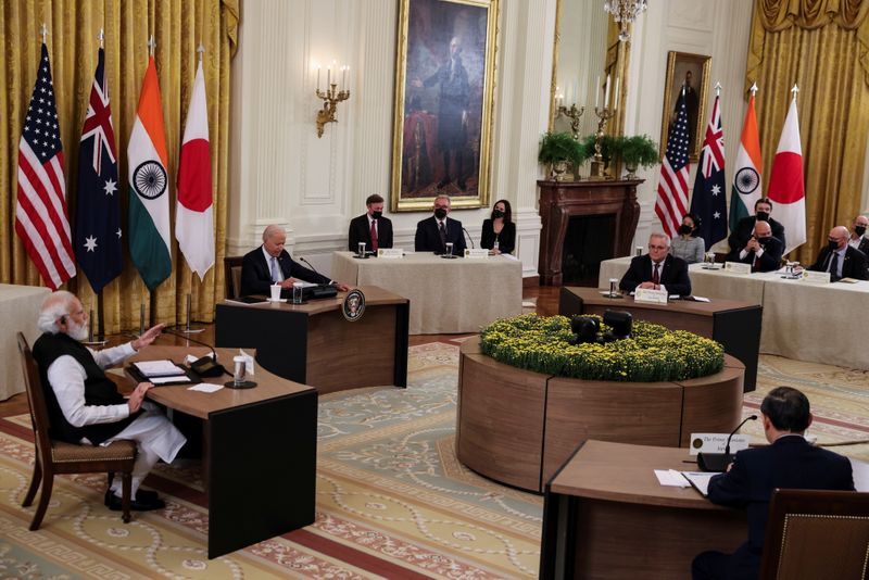 &copy; Reuters. Foto del viernes del Primer Ministto de India, Narendra Modi, hablando en la reunión de la 'Quad' en la Casa Blanca. 
Sep 24, 2021. REUTERS/Evelyn Hockstein