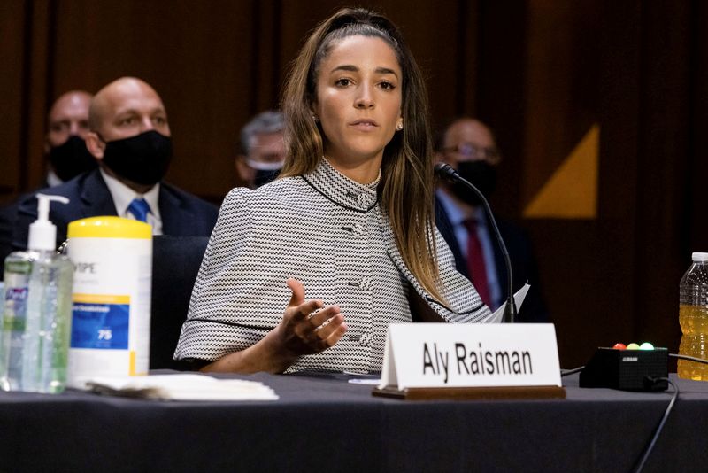 &copy; Reuters. FILE PHOTO: U.S. Olympic gymnast Aly Raisman testifies during a Senate Judiciary hearing about the Inspector General's report on the FBI handling of the Larry Nassar investigation of sexual abuse of Olympic gymnasts, on Capitol Hill, in Washington, D.C., 