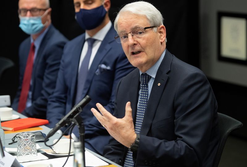 &copy; Reuters. FILE PHOTO: Canadian Foreign Minister Marc Garneau speaks during a meeting with U.S. Secretary of State Antony Blinken (not seen) at the Harpa Concert Hall, on the sidelines of the Arctic Council Ministerial summit, in Reykjavik, Iceland, May 19, 2021. Sa