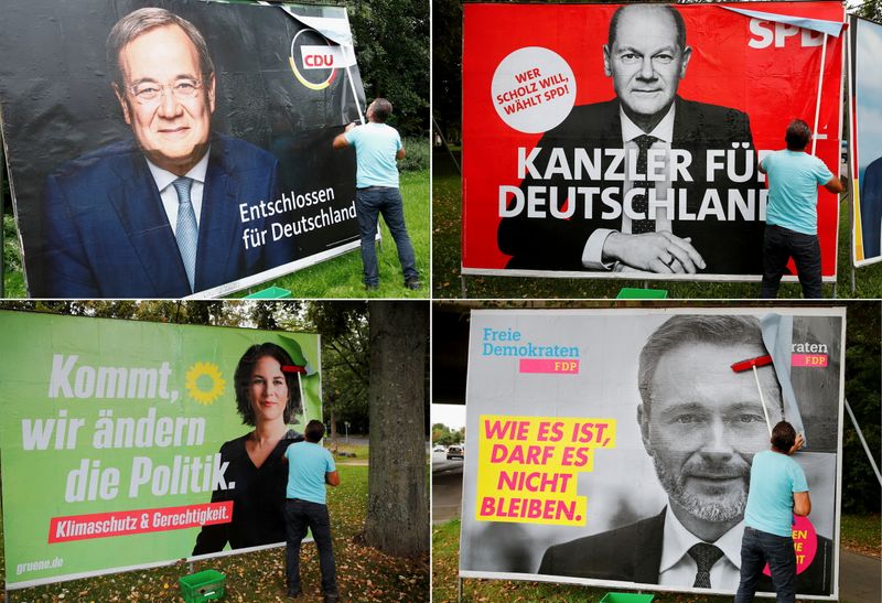 &copy; Reuters. FILE PHOTO: A combination of four images shows placards of Germany’s top candidates for the September 26 German general elections being placed on large boards. The top row shows Armin Laschet of the Christian Democratic Union Party CDU and Olaf Scholz o