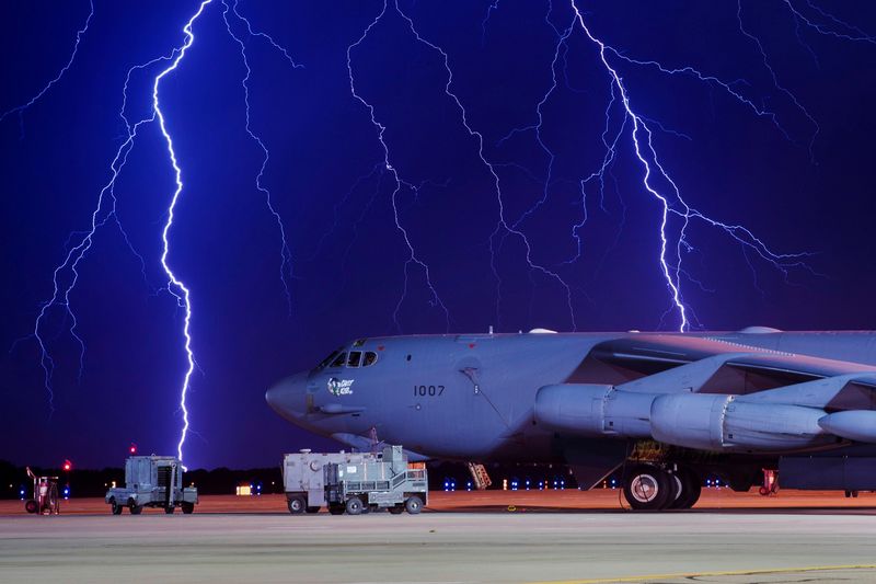&copy; Reuters. FILE PHOTO: Lightning strikes behind a B-52H Stratofortress at Minot Air Force Base, North Dakota, U.S. on August 8, 2017. Courtesy J.T. Armstrong/U.S. Air Force photo/Handout via REUTERS   ATTENTION EDITORS - THIS IMAGE HAS BEEN SUPPLIED BY A THIRD PARTY