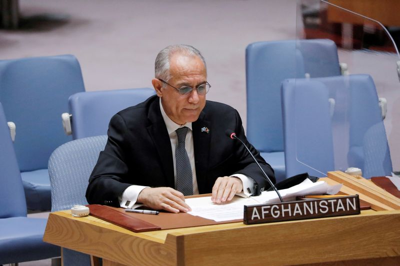 &copy; Reuters. FILE PHOTO: Afghanistan's U.N. ambassador Ghulam Isaczai addresses the United Nations Security Council regarding the situation in Afghanistan at the United Nations in New York City, New York, U.S., August 16, 2021. REUTERS/Andrew Kelly/File Photo