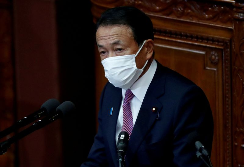 &copy; Reuters. FILE PHOTO: Japan's Deputy Prime Minister and Finance Minister Taro Aso, wearing a protective face mask, delivers his policy speech at the opening of an ordinary session of the parliament in Tokyo, Japan January 18, 2021. REUTERS/Issei Kato/File Photo