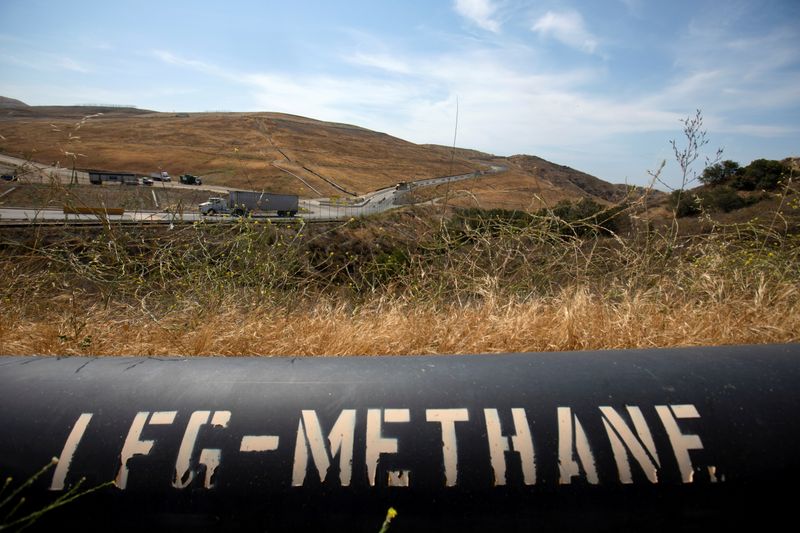 &copy; Reuters. FILE PHOTO: A pipeline that moves methane gas from the Frank R. Bowerman landfill to an onsite power plant is shown in Irvine, California, California, U.S., June 15, 2021.   REUTERS/Mike Blake