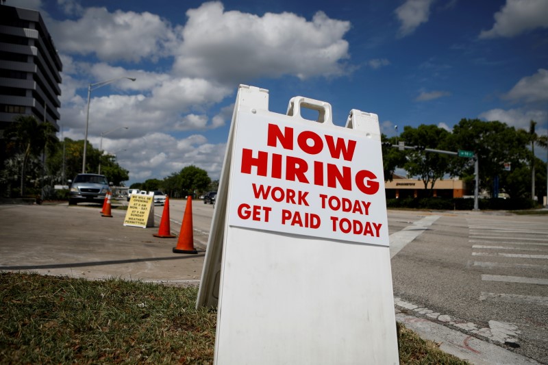 &copy; Reuters. FILE PHOTO: A "Now Hiring" sign advertising jobs at a hand car wash is seen along a street in Miami, Florida, U.S. May 8, 2020. REUTERS/Marco Bello/File Photo