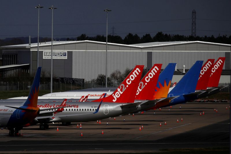 &copy; Reuters. FILE PHOTO: Jet2 planes are seen parked at Birmingham airport as the spread of the coronavirus disease (COVID-19) continues, Birmingham, Britain, March 28, 2020. REUTERS/Phil Noble