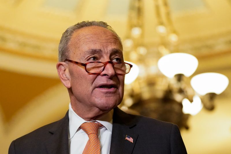 &copy; Reuters. FILE PHOTO: U.S. Senate Majority Leader Chuck Schumer (D-NY) speaks to reporters following the Senate Democrats weekly policy lunch at the U.S. Capitol in Washington, U.S., September 21, 2021. REUTERS/Elizabeth Frantz
