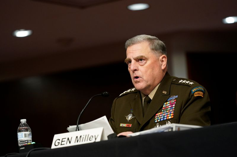 &copy; Reuters. Chairman of the Joint Chiefs of Staff General Mark Milley speaks during a Senate Armed Services Committee hearing on the conclusion of military operations in Afghanistan and plans for future counterterrorism operations, on Capitol Hill in Washington, U.S.