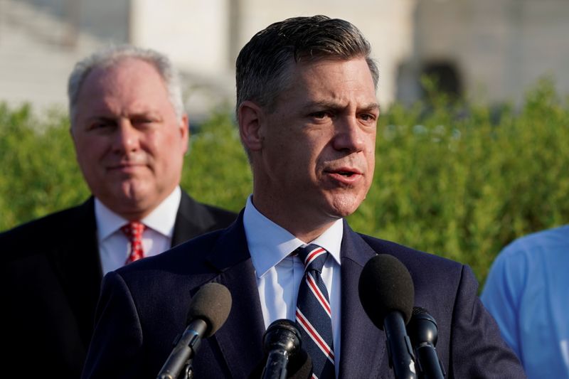 &copy; Reuters. FILE PHOTO: Rep. Jim Banks (R-IN) speaks to the media with members of the House Republican caucus before the opening hearing of the House (Select) Committee on the Investigation of the January 6th Attack on the U.S. Capitol, on Capitol Hill in Washington,