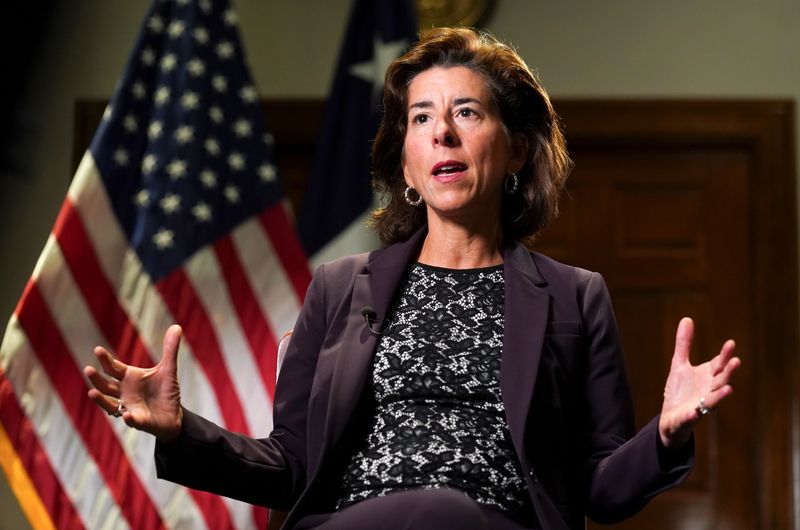 &copy; Reuters. FILE PHOTO: U.S. Commerce Secretary Gina Raimondo speaks during a Reuters interview at the Department of Commerce in Washington U.S., September 23, 2021. REUTERS/Kevin Lamarque