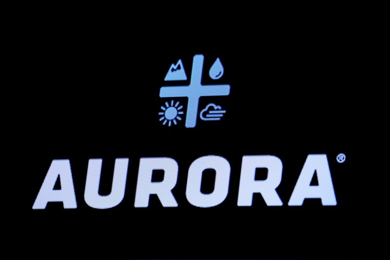 &copy; Reuters. FILE PHOTO: The Logo for Aurora Cannabis Inc., a Canadian licensed cannabis producer, is displayed on a screen on the floor of the New York Stock Exchange (NYSE) in New York, U.S., January 8, 2019. REUTERS/Brendan McDermid/File Photo