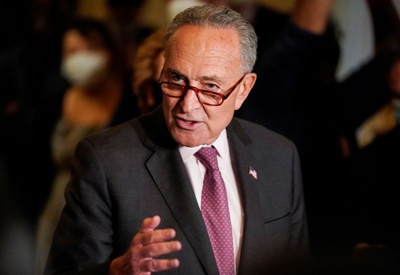 &copy; Reuters. U.S. Senate Majority Leader Chuck Schumer (D-NY) speaks to reporters following the Senate Democrats weekly policy lunch at the U.S. Capitol in Washington, U.S., September 28, 2021. REUTERS/Elizabeth Frantz