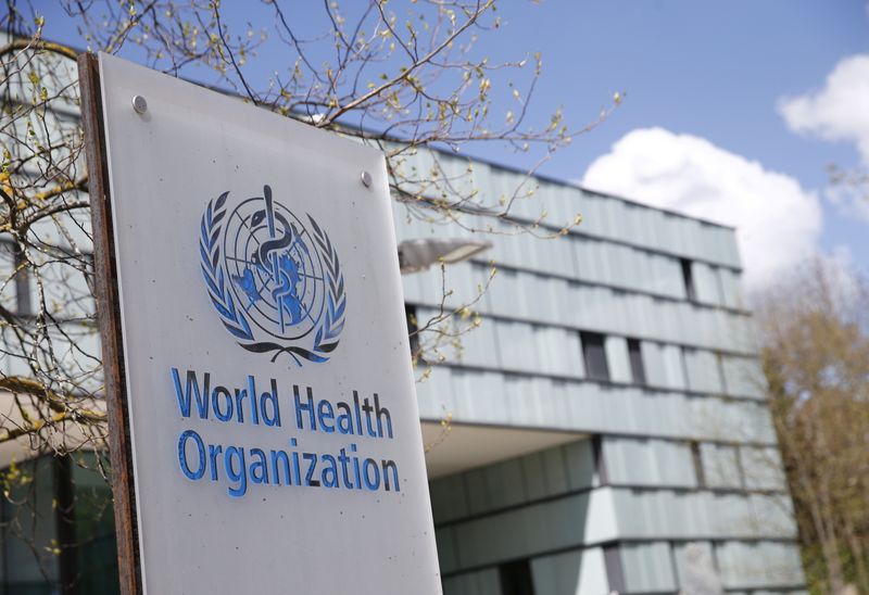 &copy; Reuters. FILE PHOTO: A logo is pictured outside a building of the World Health Organization (WHO) during an executive board meeting on update on the coronavirus disease (COVID-19) outbreak, in Geneva, Switzerland, April 6, 2021. REUTERS/Denis Balibouse